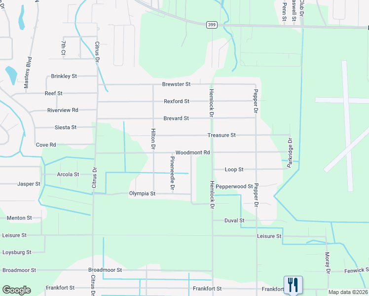 map of restaurants, bars, coffee shops, grocery stores, and more near 2424 Pineneedle Drive in Navarre
