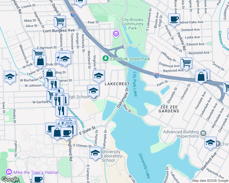 map of restaurants, bars, coffee shops, grocery stores, and more near 1809 May Street in Baton Rouge