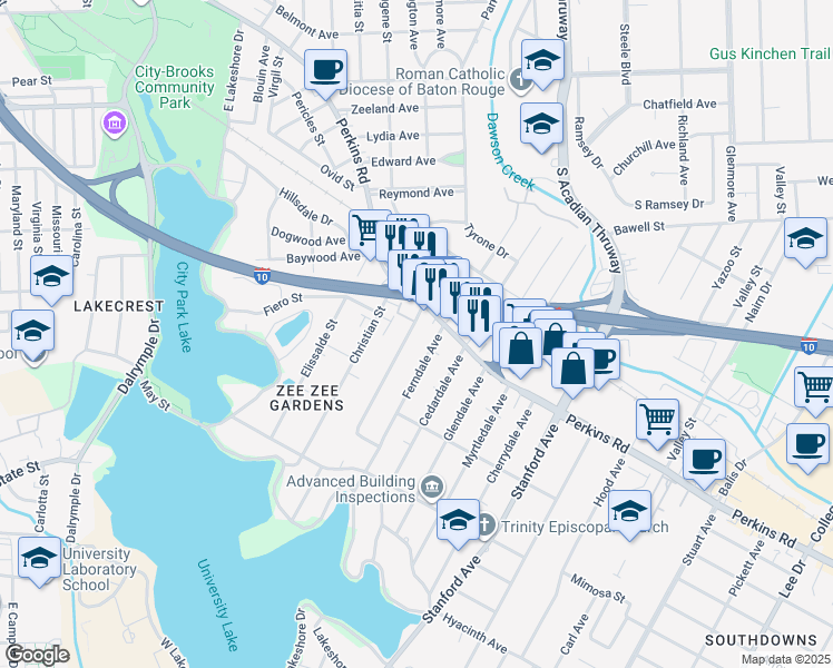 map of restaurants, bars, coffee shops, grocery stores, and more near 2284 Hollydale Avenue in Baton Rouge