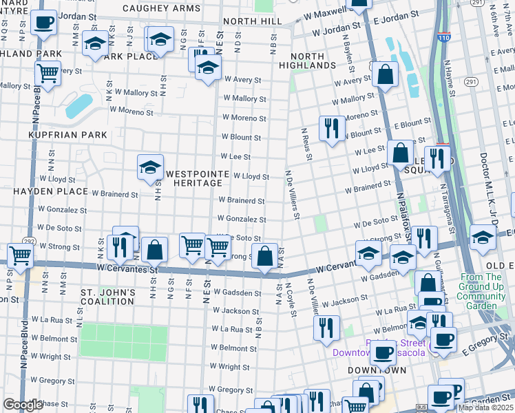 map of restaurants, bars, coffee shops, grocery stores, and more near in Pensacola