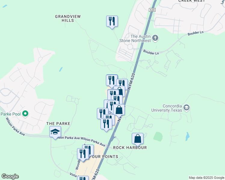 map of restaurants, bars, coffee shops, grocery stores, and more near 8300 North FM 620 in Austin