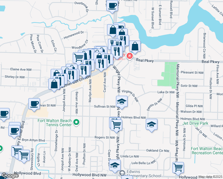 map of restaurants, bars, coffee shops, grocery stores, and more near 408 Sherry Circle Northwest in Fort Walton Beach