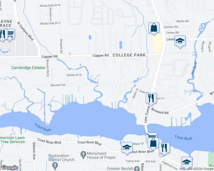 map of restaurants, bars, coffee shops, grocery stores, and more near 3514 Bessent Road in Jacksonville