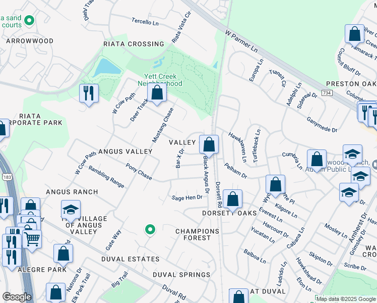 map of restaurants, bars, coffee shops, grocery stores, and more near 12300 Bar-X Drive in Austin
