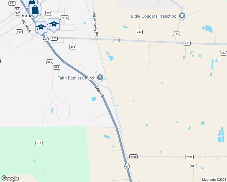 map of restaurants, bars, coffee shops, grocery stores, and more near 289 County Road 812 in Buna