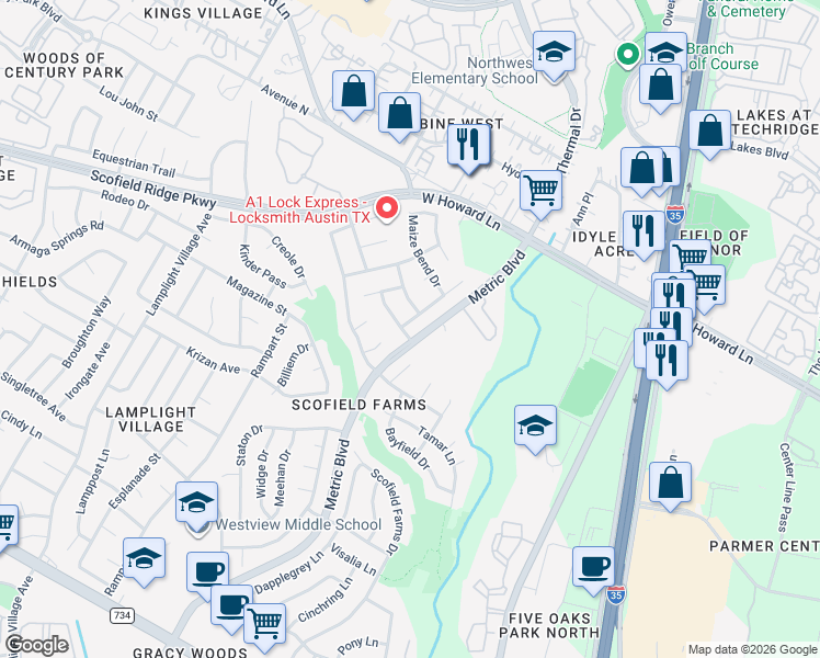 map of restaurants, bars, coffee shops, grocery stores, and more near 13401 Wyoming Valley Drive in Austin