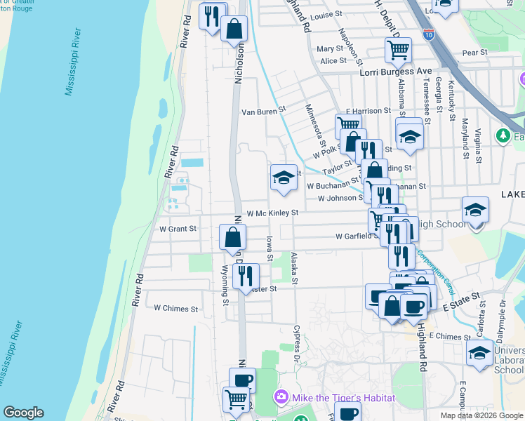 map of restaurants, bars, coffee shops, grocery stores, and more near 848 West Johnson Street in Baton Rouge