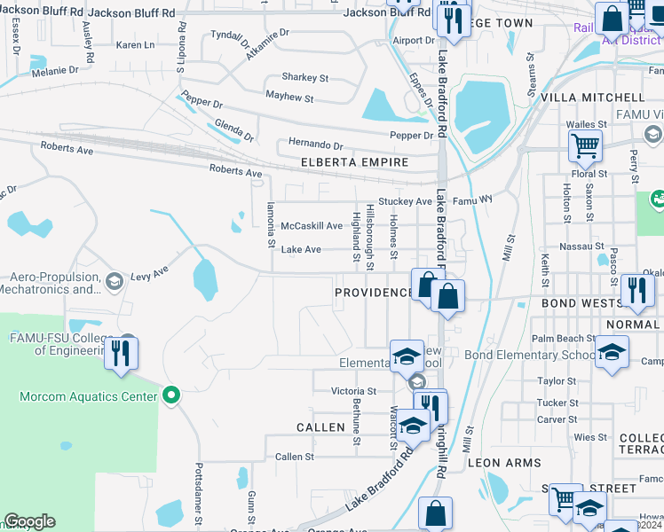 map of restaurants, bars, coffee shops, grocery stores, and more near 1522 Levy Avenue in Tallahassee