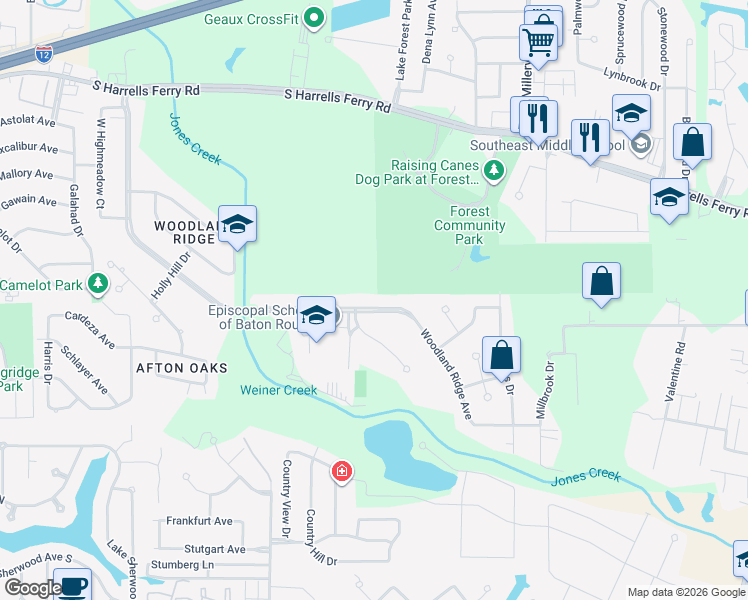 map of restaurants, bars, coffee shops, grocery stores, and more near 3707 Woodland Ridge Boulevard in Baton Rouge