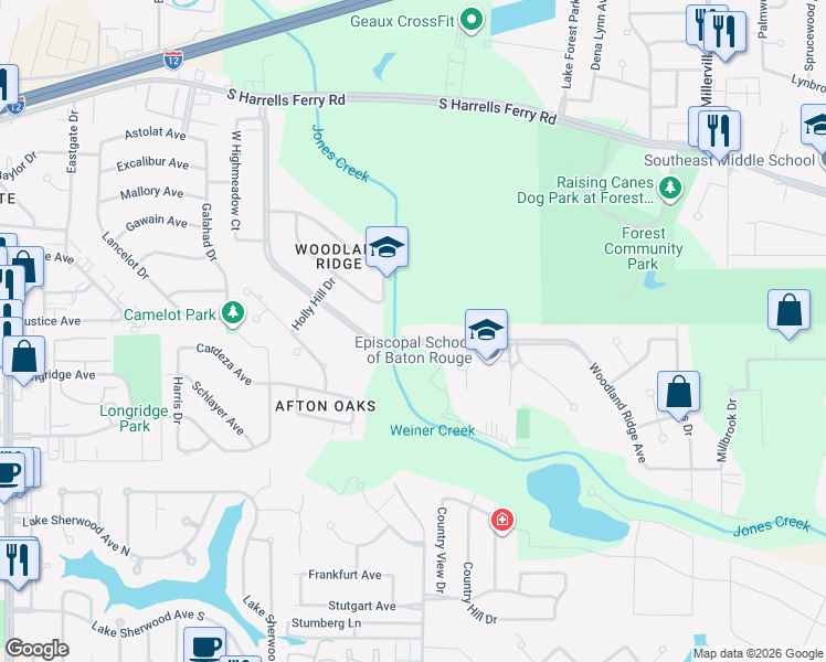 map of restaurants, bars, coffee shops, grocery stores, and more near 3040 Tall Timbers Road in Baton Rouge