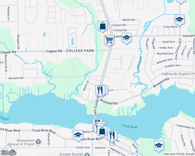 map of restaurants, bars, coffee shops, grocery stores, and more near 10414 Lem Turner Road in Jacksonville