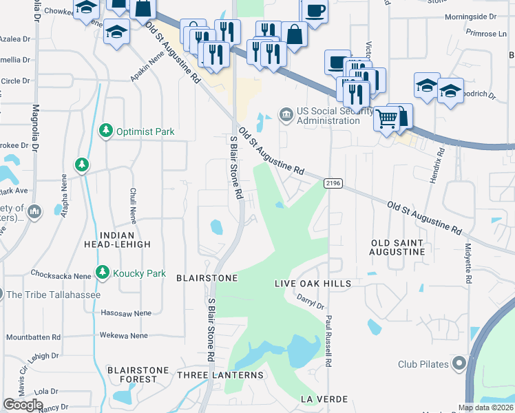 map of restaurants, bars, coffee shops, grocery stores, and more near 2713 Blair stone Lane in Tallahassee