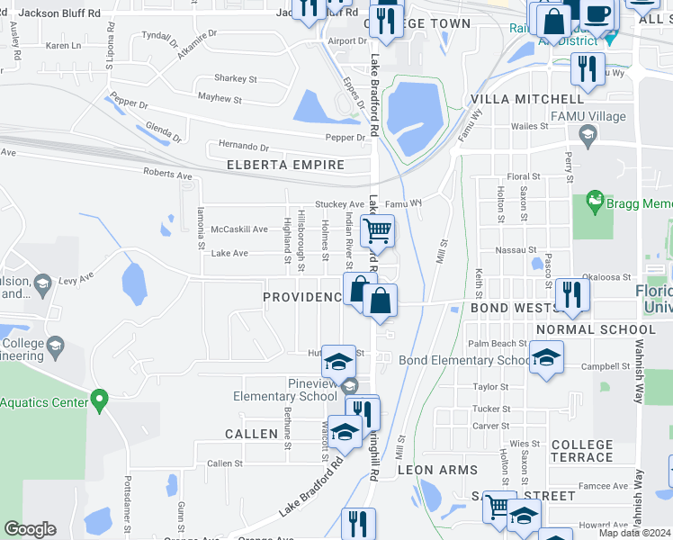 map of restaurants, bars, coffee shops, grocery stores, and more near 1240 Lake Avenue in Tallahassee