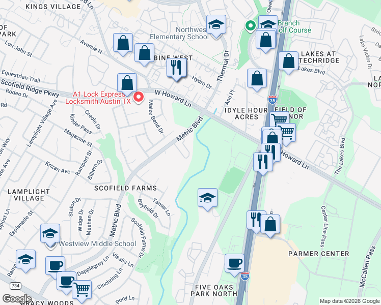 map of restaurants, bars, coffee shops, grocery stores, and more near 13535 Wyoming Valley Drive in Austin