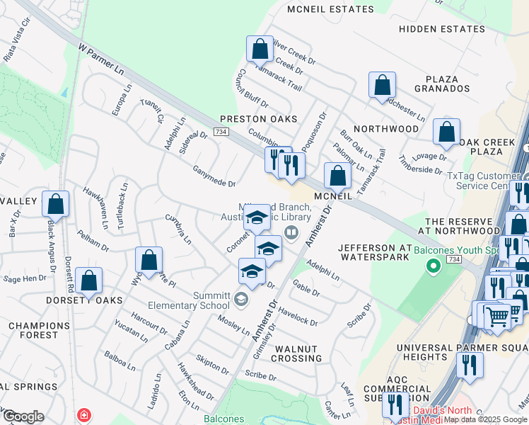map of restaurants, bars, coffee shops, grocery stores, and more near 4201 West Parmer Lane in Austin