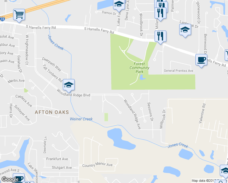 map of restaurants, bars, coffee shops, grocery stores, and more near 3707 Woodland Ridge Boulevard in Baton Rouge