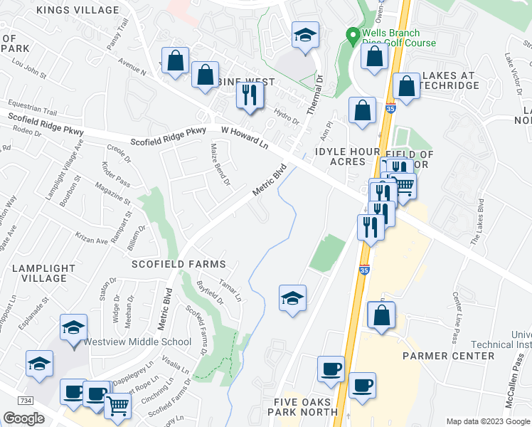 map of restaurants, bars, coffee shops, grocery stores, and more near 13501 Metric Boulevard in Austin