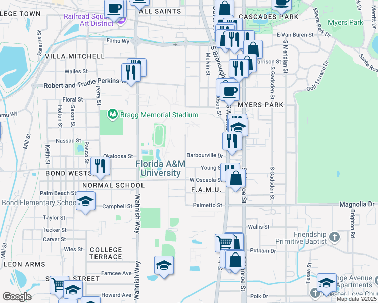 map of restaurants, bars, coffee shops, grocery stores, and more near 1803 South Martin Luther King Junior Boulevard in Tallahassee