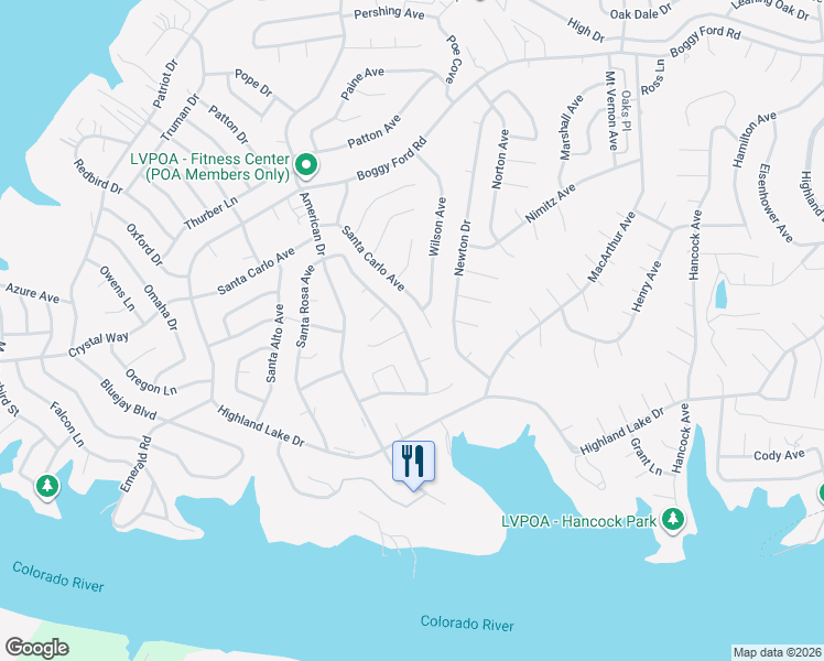 map of restaurants, bars, coffee shops, grocery stores, and more near 21204 Santa Rosa Avenue in Lago Vista