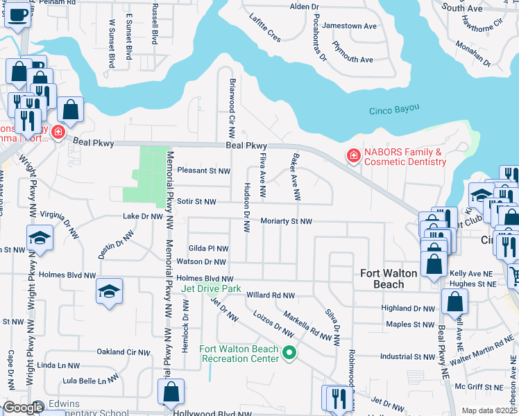 map of restaurants, bars, coffee shops, grocery stores, and more near 206 Fliva Avenue Northwest in Fort Walton Beach
