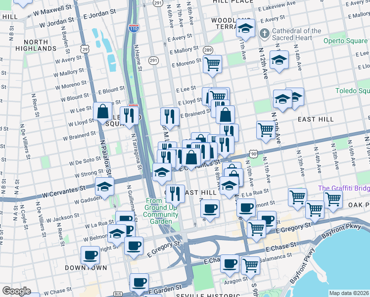map of restaurants, bars, coffee shops, grocery stores, and more near 910 North Davis Street in Pensacola
