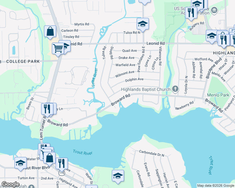 map of restaurants, bars, coffee shops, grocery stores, and more near 2538 Dolphin Avenue in Jacksonville