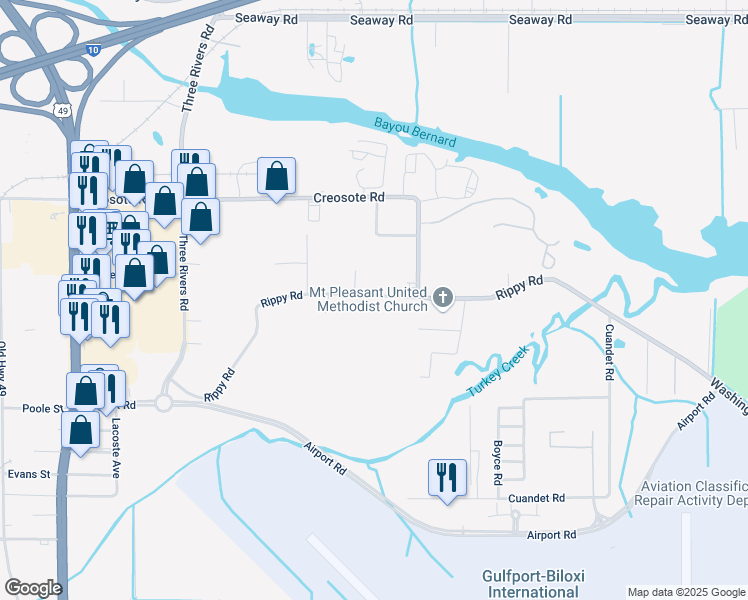 map of restaurants, bars, coffee shops, grocery stores, and more near 14339 Rippy Road in Gulfport