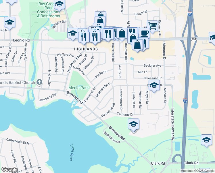 map of restaurants, bars, coffee shops, grocery stores, and more near 10523 South Briarcliff Road in Jacksonville