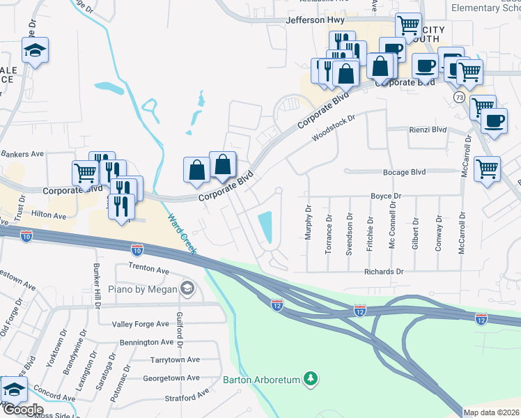 map of restaurants, bars, coffee shops, grocery stores, and more near 6811 Fountain Lane in Baton Rouge