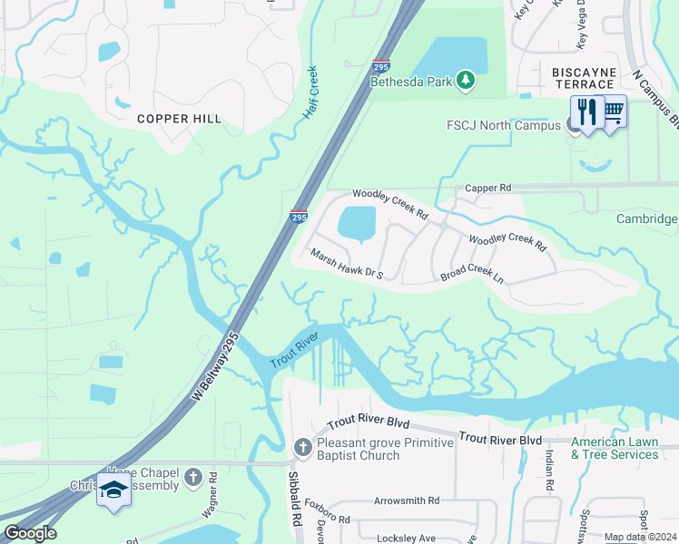 map of restaurants, bars, coffee shops, grocery stores, and more near 4418 Marsh Hawk Drive South in Jacksonville