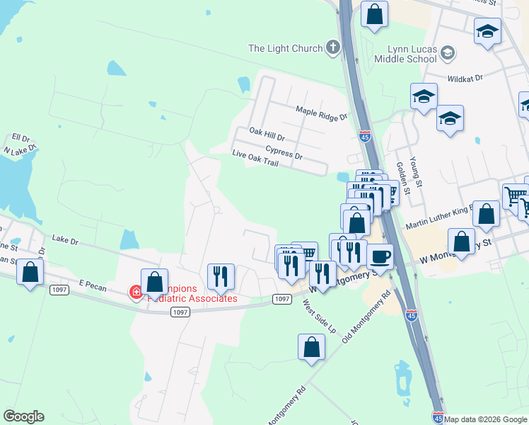 map of restaurants, bars, coffee shops, grocery stores, and more near 12501-12599 Canyon Hill Drive in Willis