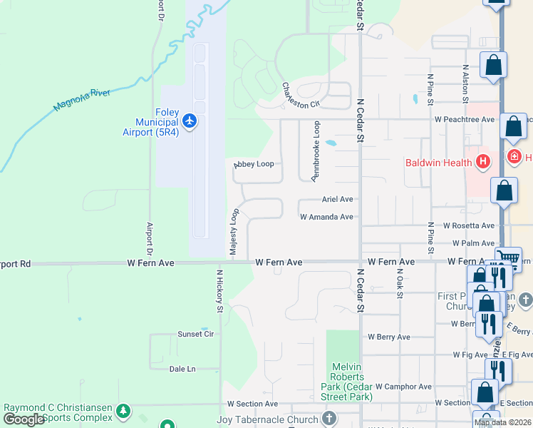 map of restaurants, bars, coffee shops, grocery stores, and more near 1459 Majesty Loop in Foley