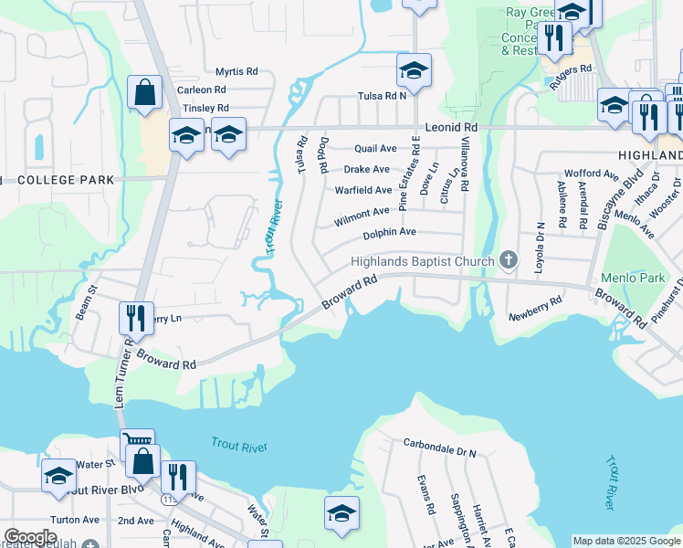 map of restaurants, bars, coffee shops, grocery stores, and more near 2538 Dolphin Avenue in Jacksonville