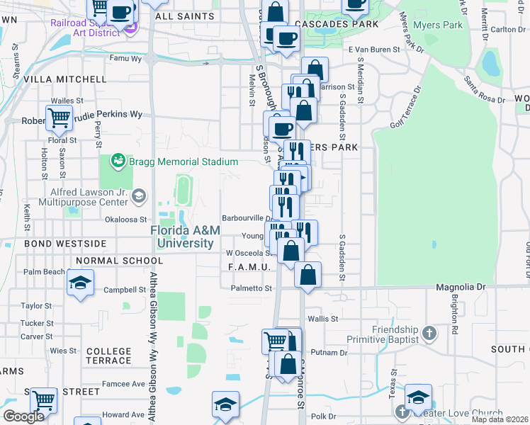 map of restaurants, bars, coffee shops, grocery stores, and more near 212 Barbourville Drive in Tallahassee