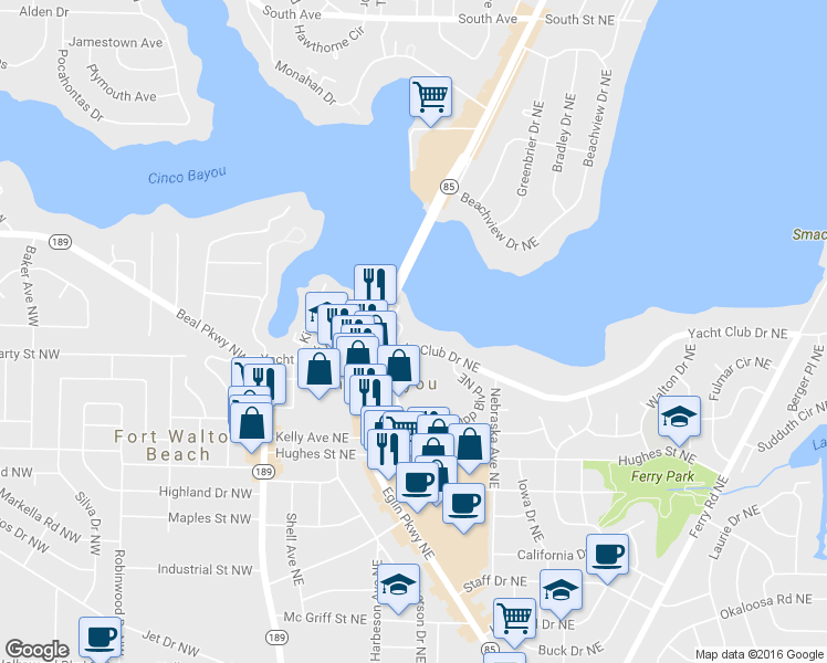 map of restaurants, bars, coffee shops, grocery stores, and more near 7 Laguna Street in Fort Walton Beach