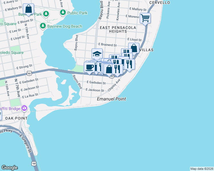 map of restaurants, bars, coffee shops, grocery stores, and more near 3004 East Gadsden Street in Pensacola