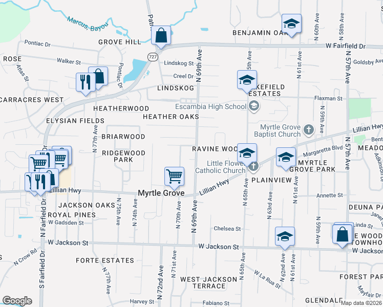 map of restaurants, bars, coffee shops, grocery stores, and more near 1203 North 69th Avenue in Pensacola