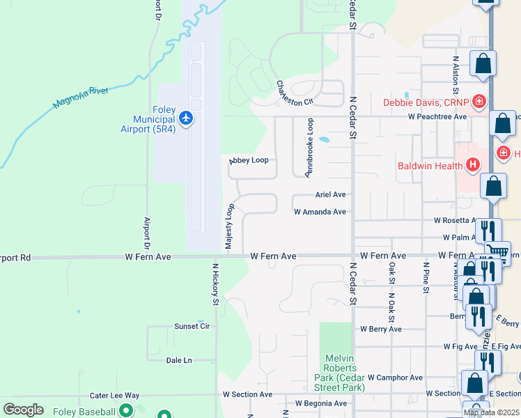 map of restaurants, bars, coffee shops, grocery stores, and more near 1459 Majesty Loop in Foley