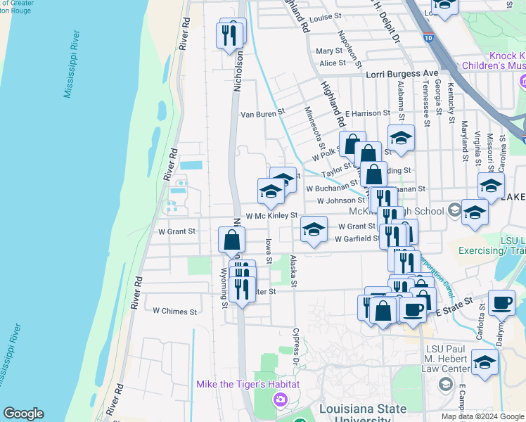 map of restaurants, bars, coffee shops, grocery stores, and more near 848 West Johnson Street in Baton Rouge
