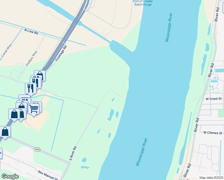 map of restaurants, bars, coffee shops, grocery stores, and more near 3035 South River Road in Port Allen