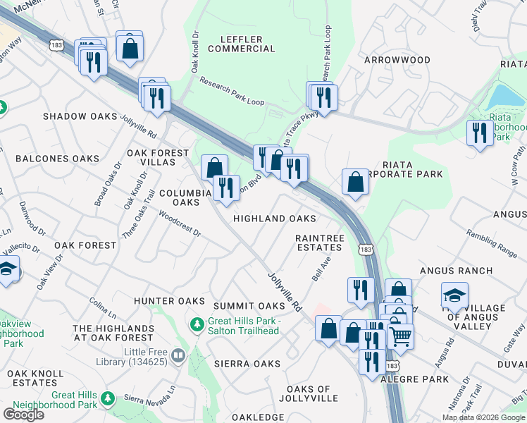 map of restaurants, bars, coffee shops, grocery stores, and more near 11906 Arabian Trail in Austin