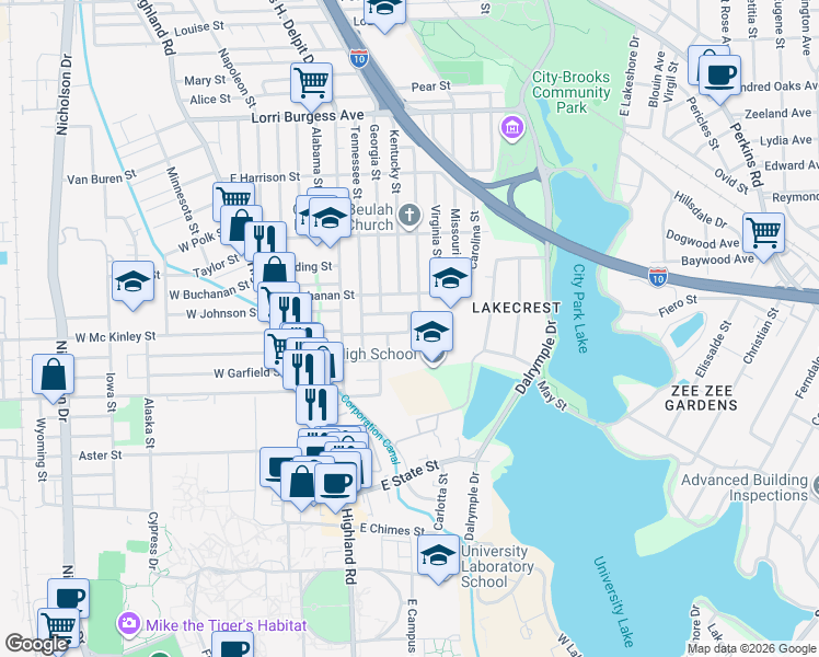 map of restaurants, bars, coffee shops, grocery stores, and more near 851 East Johnson Street in Baton Rouge