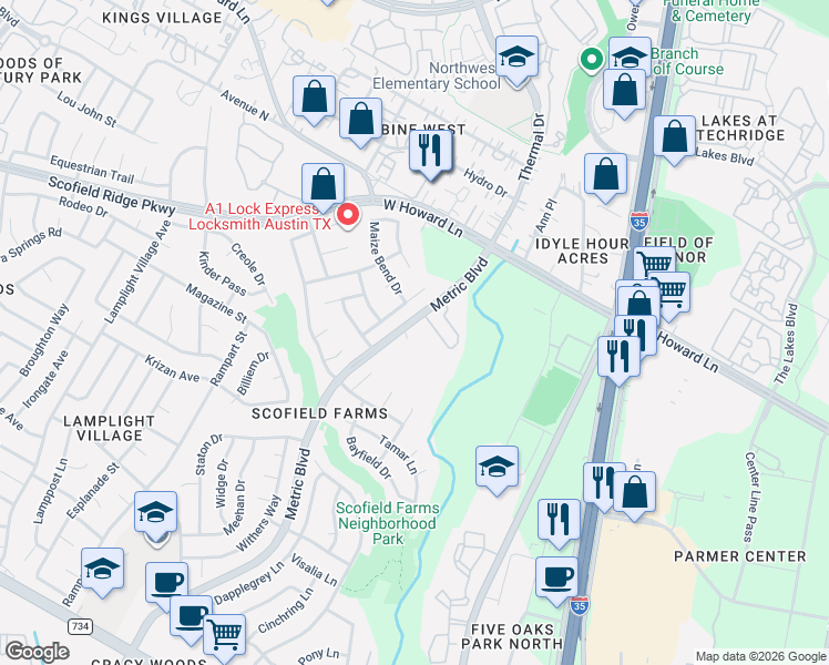 map of restaurants, bars, coffee shops, grocery stores, and more near 13505 Wyoming Valley Drive in Austin