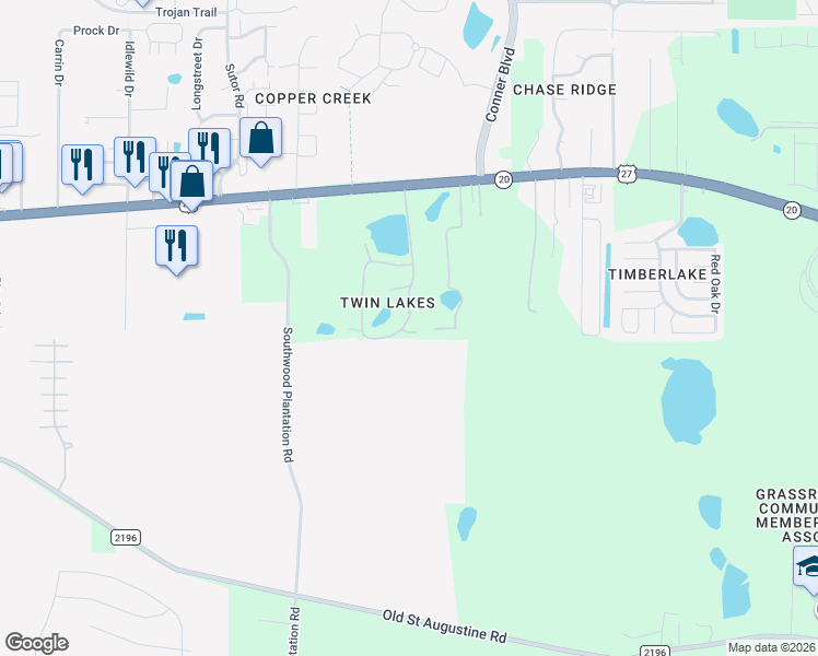 map of restaurants, bars, coffee shops, grocery stores, and more near 1504 Twin Lakes Circle in Tallahassee