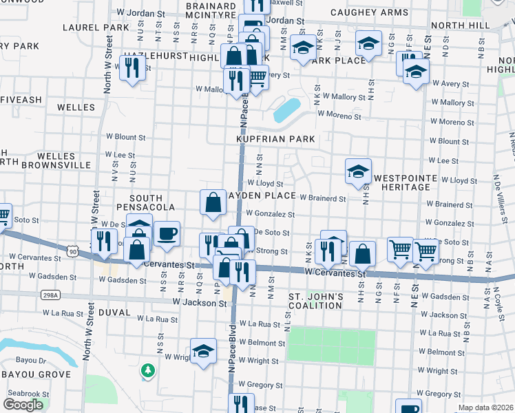 map of restaurants, bars, coffee shops, grocery stores, and more near 1125 Hayden Court in Pensacola
