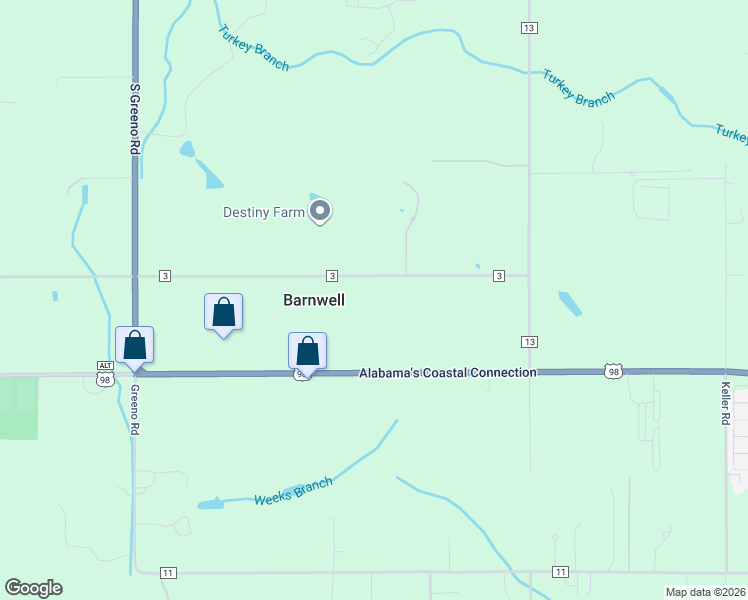 map of restaurants, bars, coffee shops, grocery stores, and more near 13427 County Road 3 in Fairhope