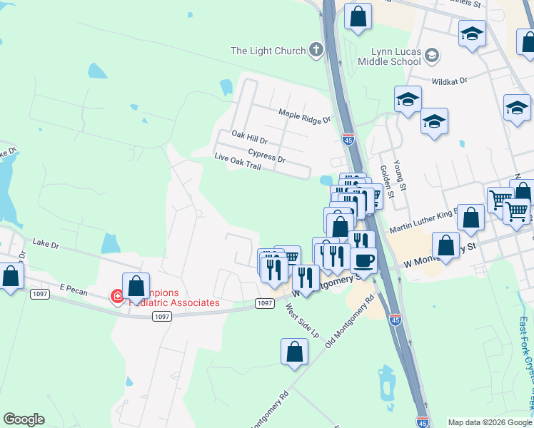 map of restaurants, bars, coffee shops, grocery stores, and more near 12540 Canyon Hill Drive in Willis