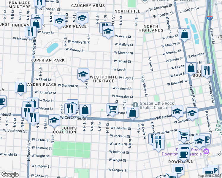 map of restaurants, bars, coffee shops, grocery stores, and more near 1116 North E Street in Pensacola