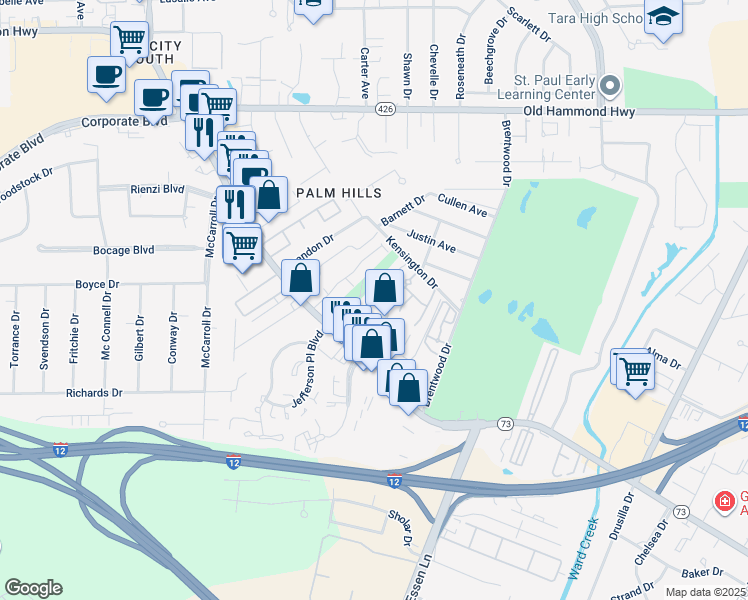 map of restaurants, bars, coffee shops, grocery stores, and more near 8133 Jefferson Highway in Baton Rouge
