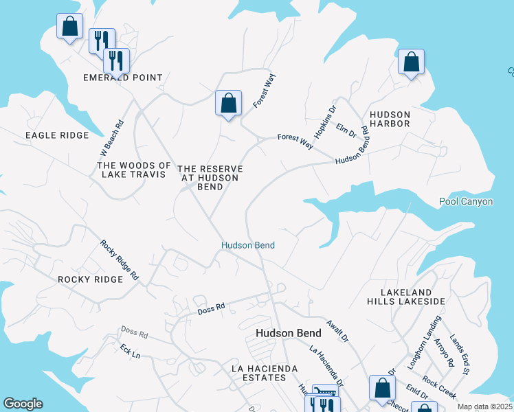map of restaurants, bars, coffee shops, grocery stores, and more near 5709 Hudson Bend Road in Austin